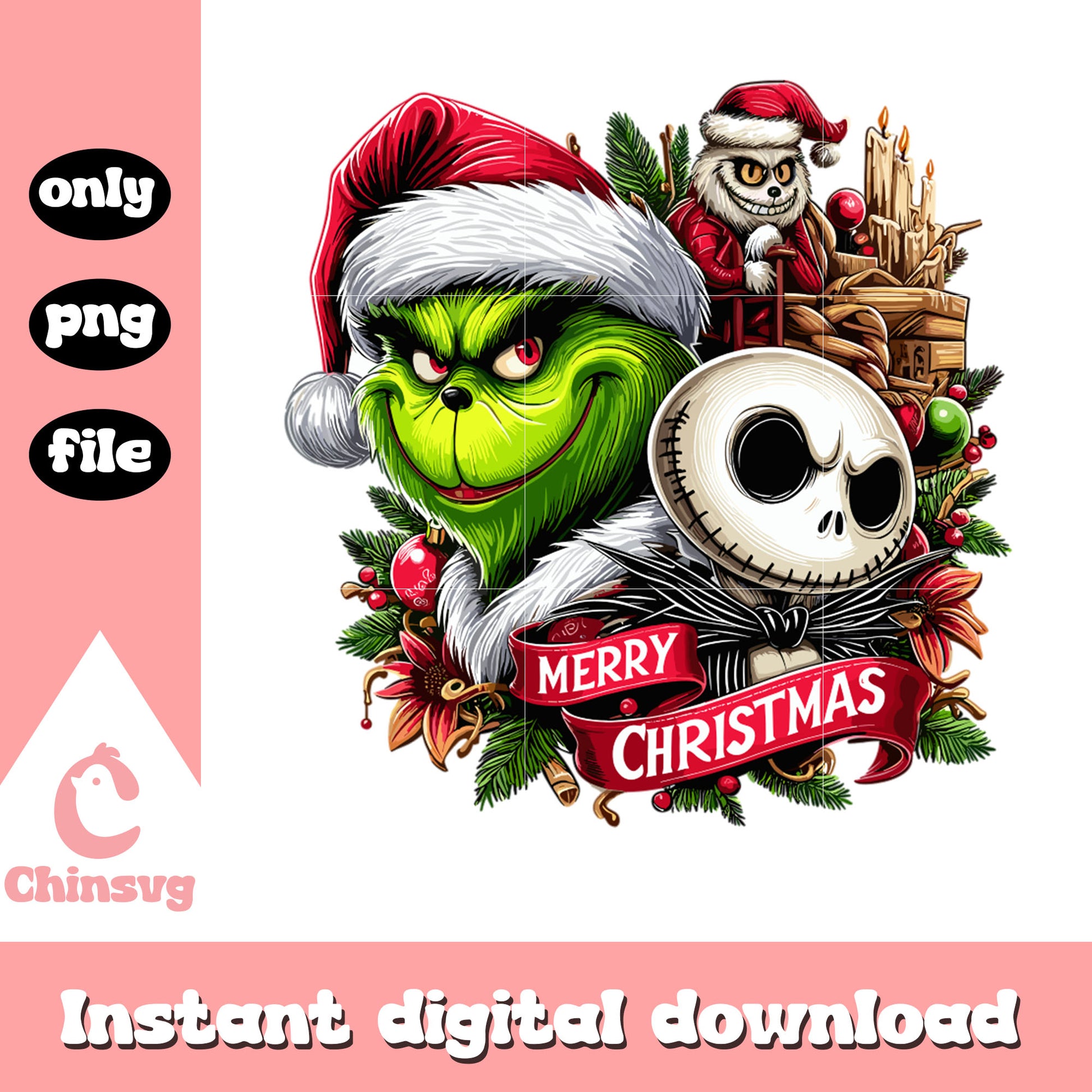Grinch and jack merry christmas png, jack skellington png