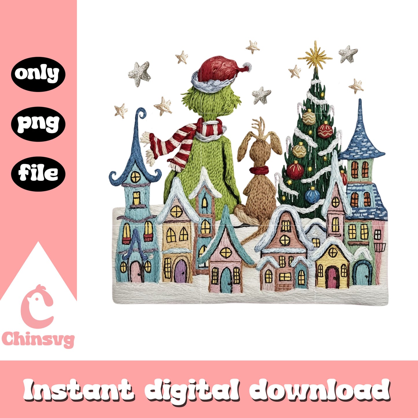 Grinch and max christmas eve png, christmas village png