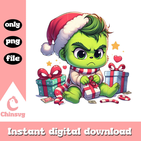 Grinch baby and christmas gifts design png, grinches png