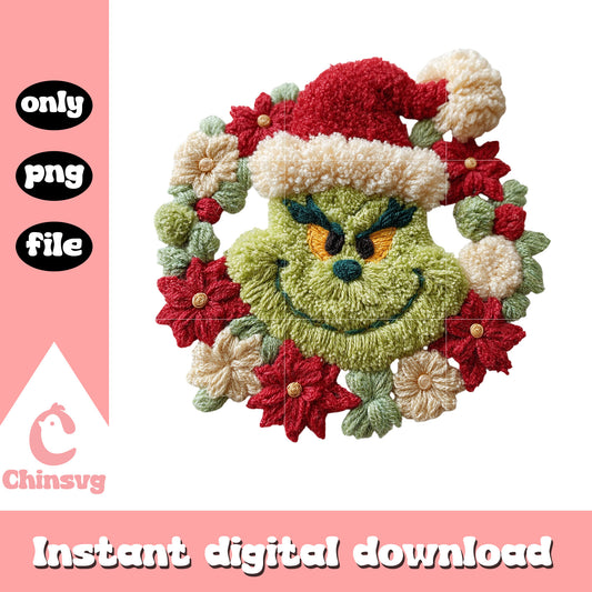 Grinch christmas holly yarn crochet png, christmas decor png
