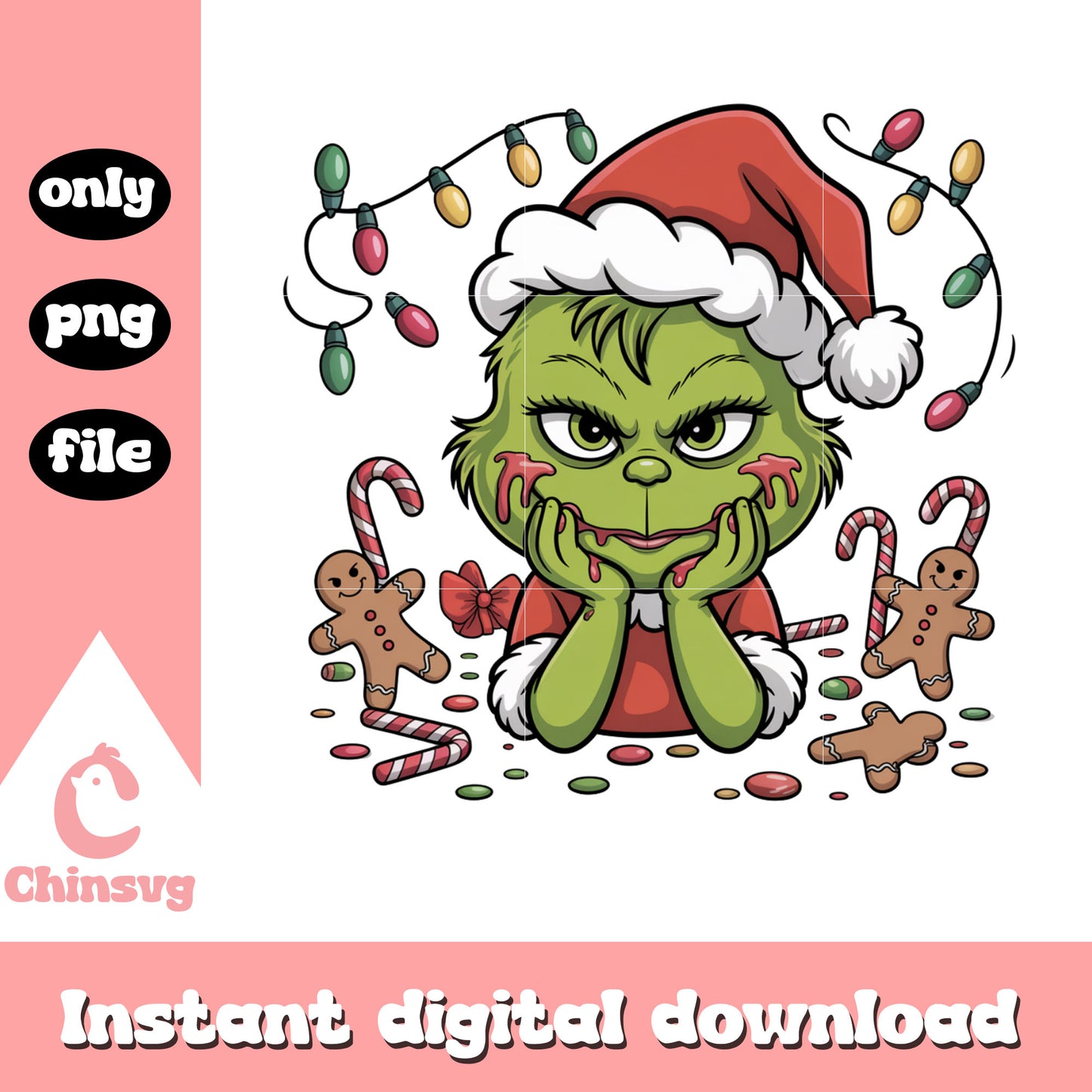 Grinch christmas lights gingerbread png, grinch shirt designs png