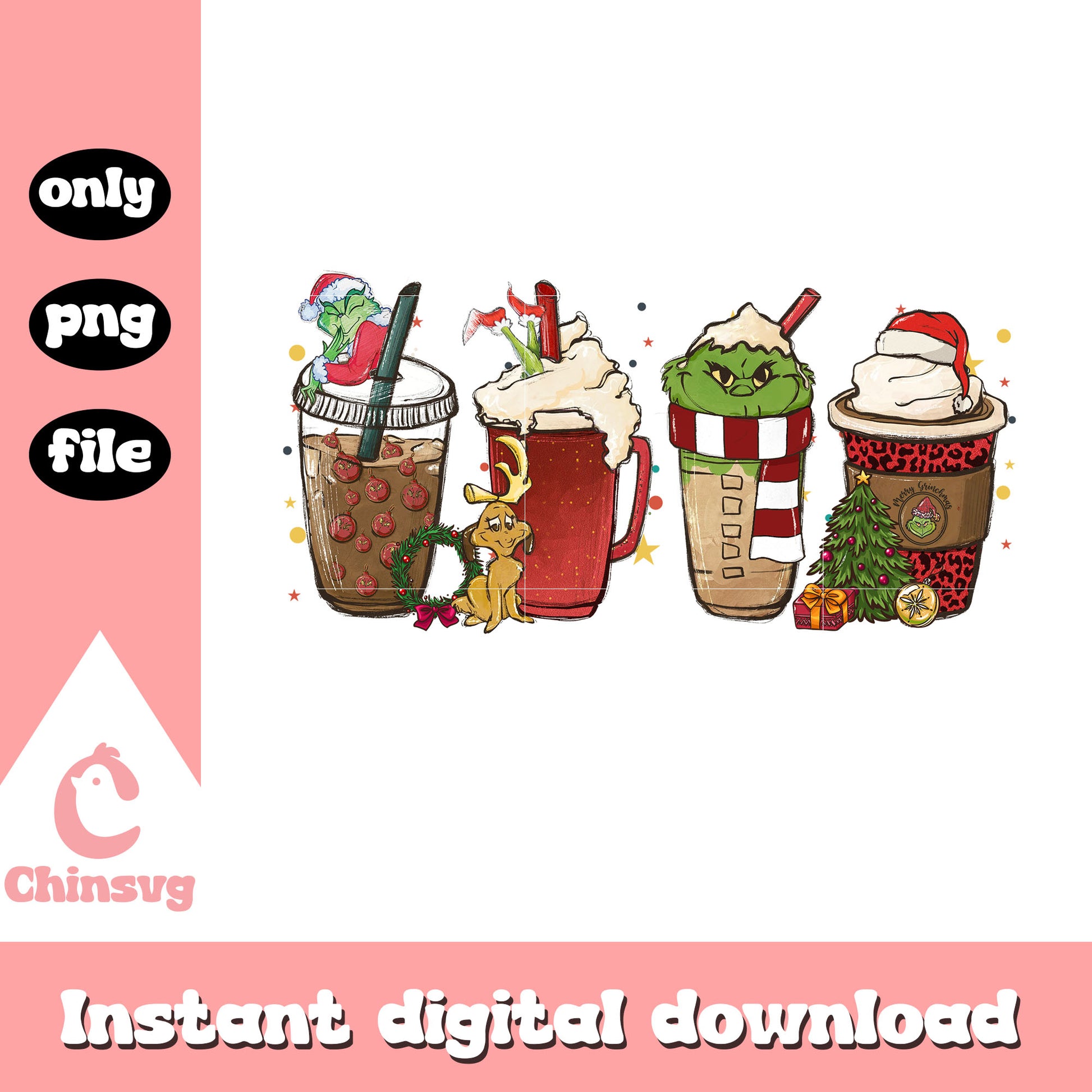 Grinch coffee cups for christmas png, christmas coffee mugs png