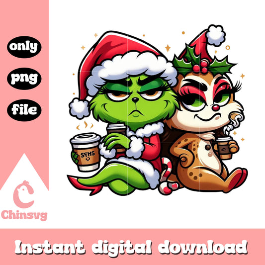 Grinch drink coffee design png, baby grinch png