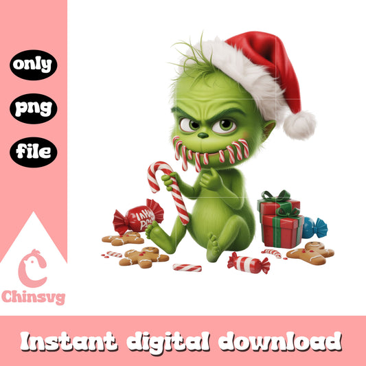Grinch eating christmas candy cane png, christmas candy png