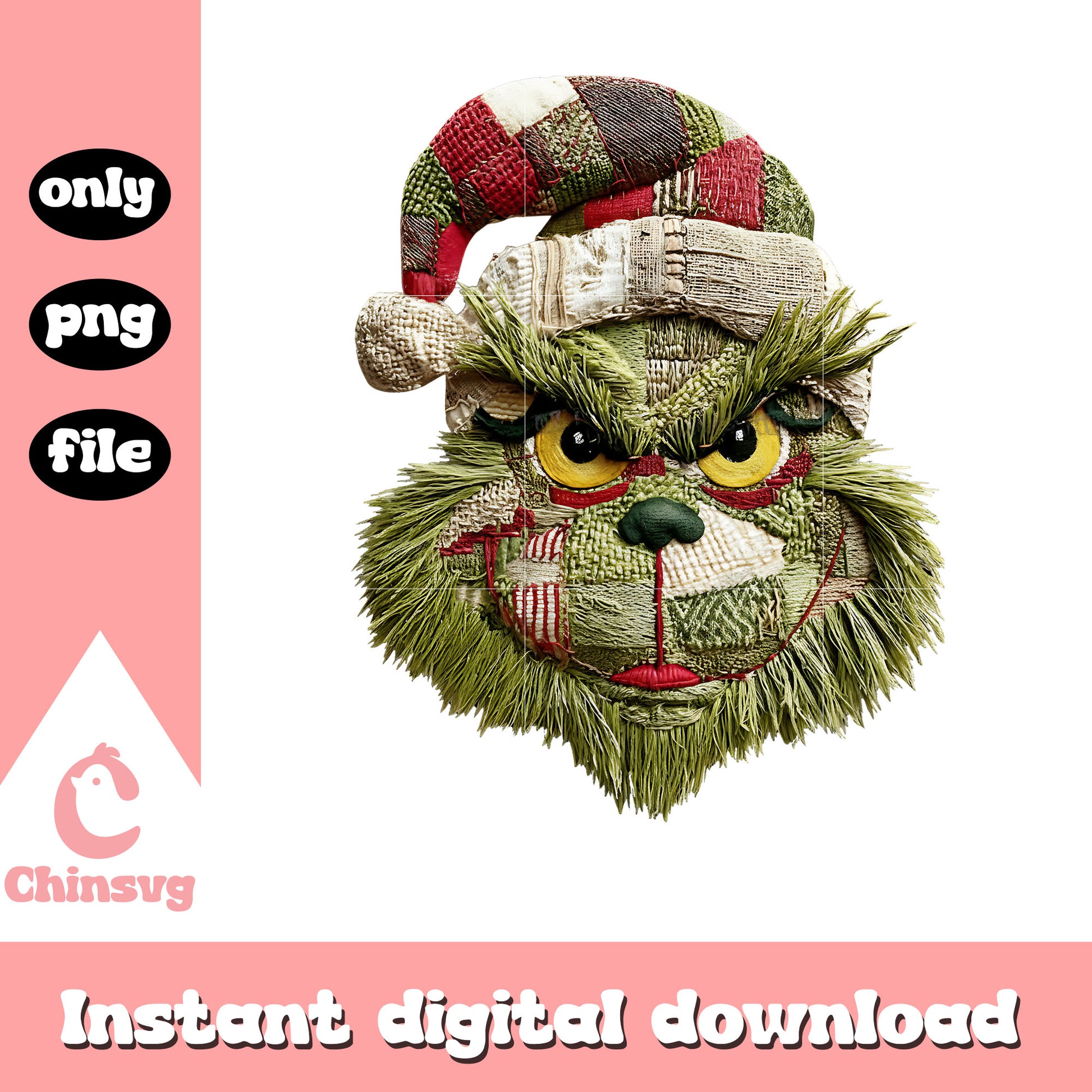 Grinch face patchwork png, grinch head​ png, christmas patchwork​ png