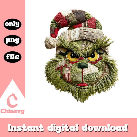 Grinch face patchwork png, grinch head​ png, christmas patchwork​ png