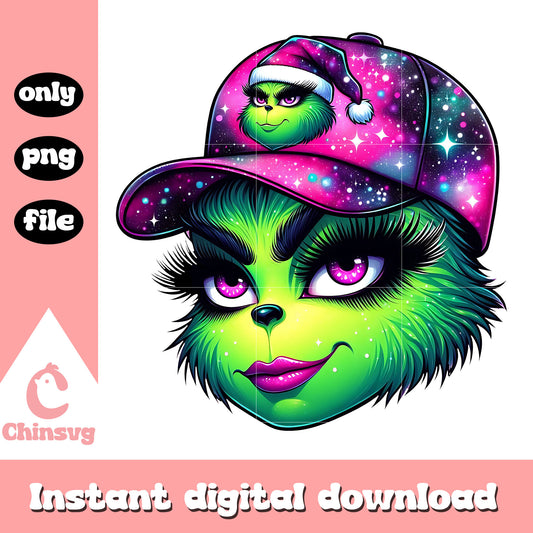 Grinch girl face twinked hip hop cap png, grinch girl face png
