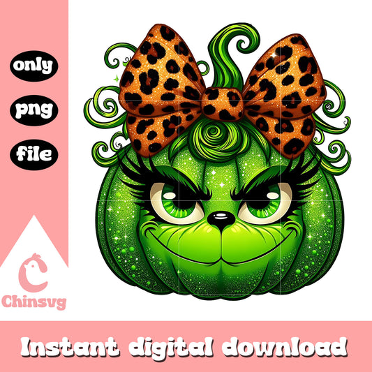Grinch girl pumpkin leopard bow png, grinch pumpkin face png