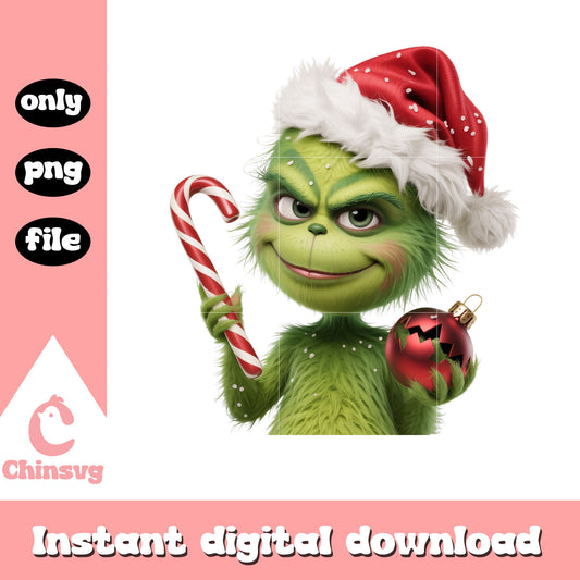 Grinch hand christmas ball and candy cane png, clipart grinch png