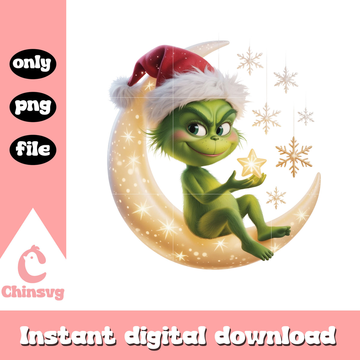 Grinch kid sit on moon snowflake png, grinch xmas decor png