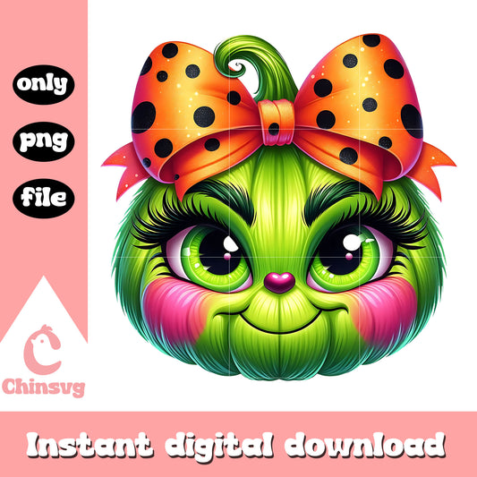 Grinch little baby pumpkin bow dot png, grinch pumpkin face png