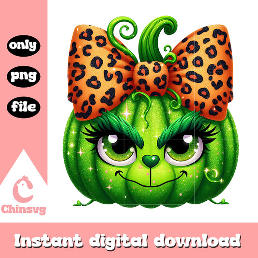Grinch little girl pumpkin leopard bow png, Grinch girl pumpkin png