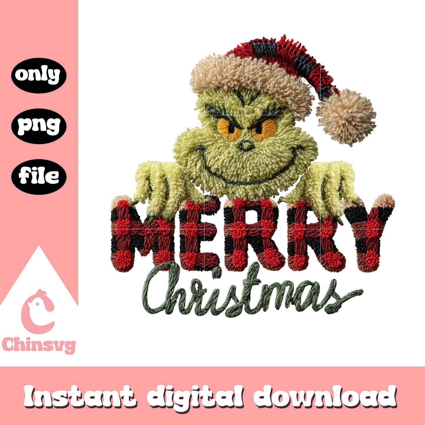 Grinch merry christmas crochet png, crochet hook png