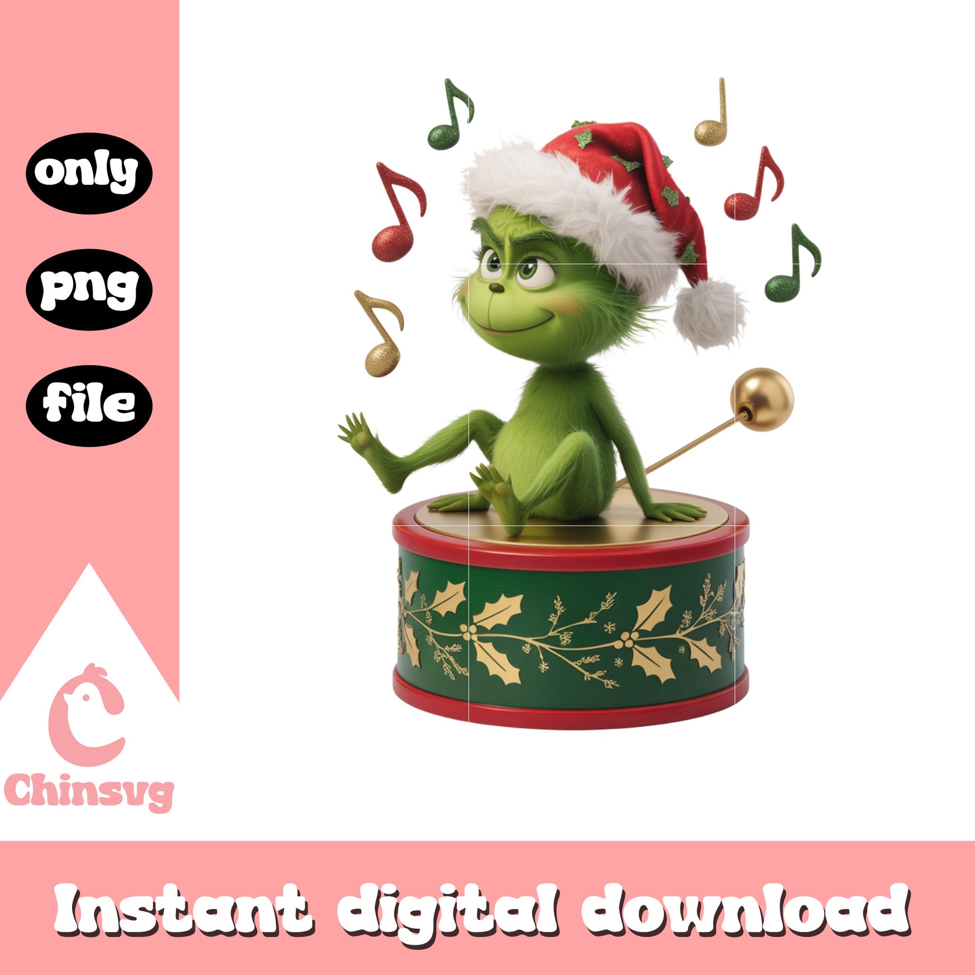 Grinch sit in music box christmas design png, baby grinch png