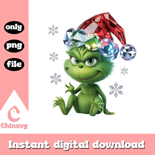 Grinch with glass santa hat design png, merry xmas grinch png