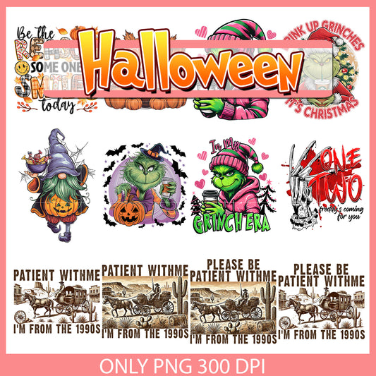 Grinch with pumpkin halloween bundle png, grinch halloween​ png