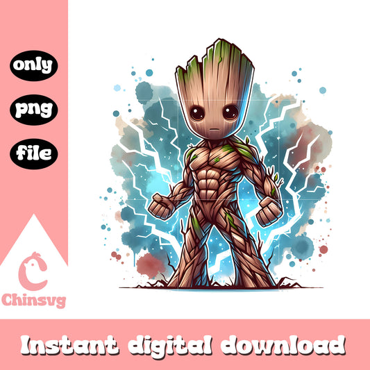 Groot thunder posing splatter effect png, groot art png