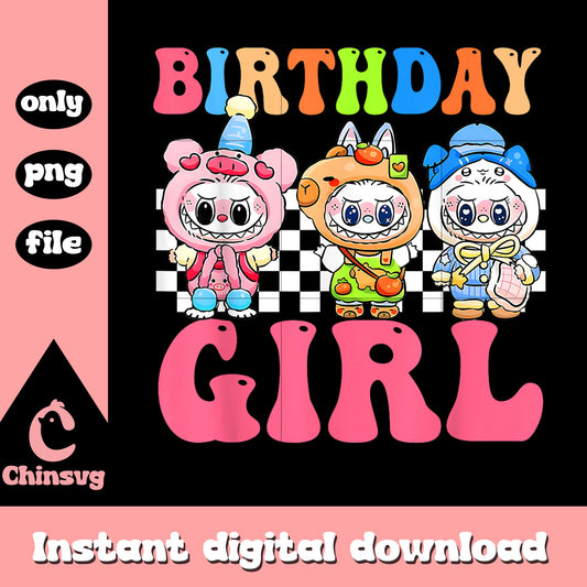 Groovy birthday girl labubu dolls png, labubu birthday decorations png