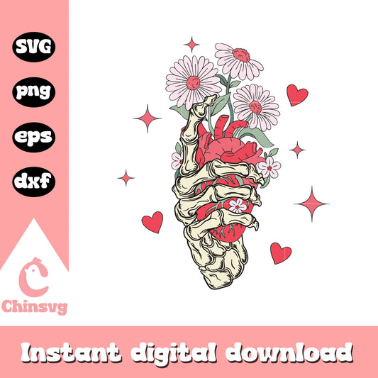Groovy vintage skeleton hand heart svg, skeleton hand svg
