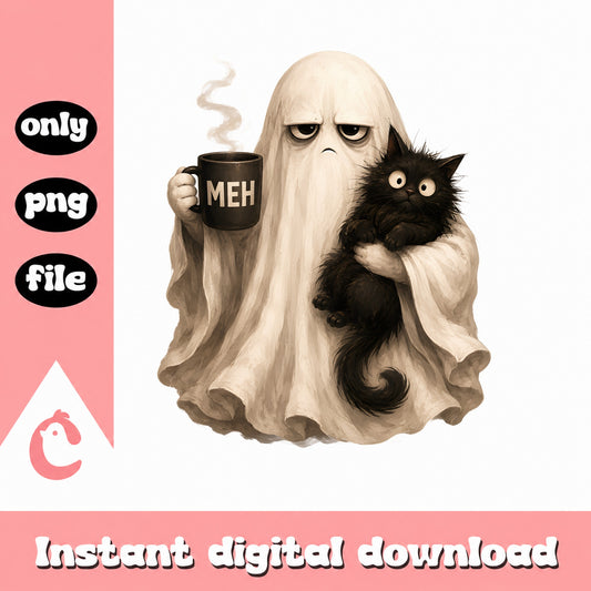 Grumpy Ghost With Black Cat And Coffee Mug, Halloween PNG, Funny Ghost PNG