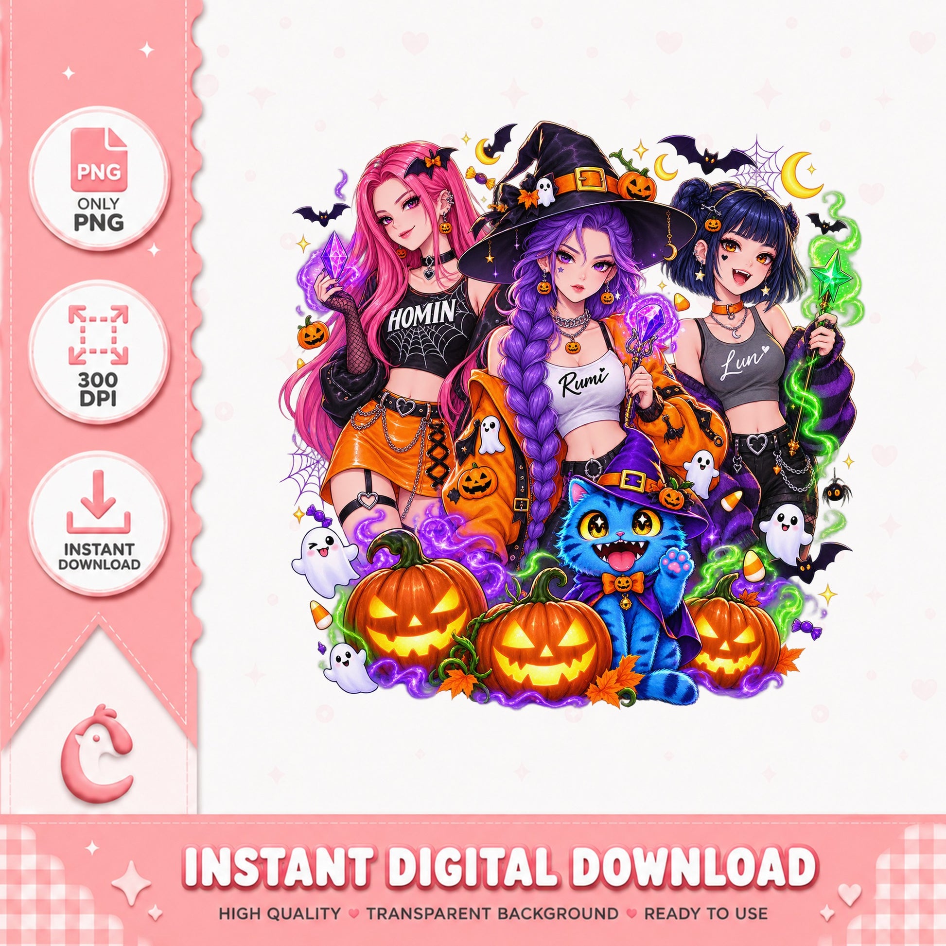 Halloween Anime Girls With Stitch, Pumpkin Ghosts Bats, PNG