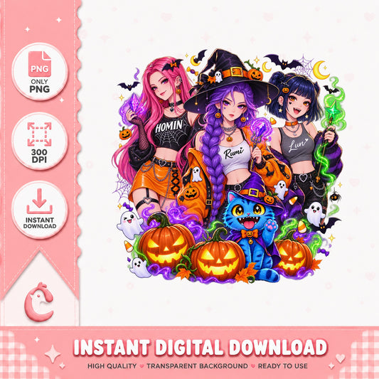 Halloween Anime Girls With Stitch, Pumpkin Ghosts Bats, PNG
