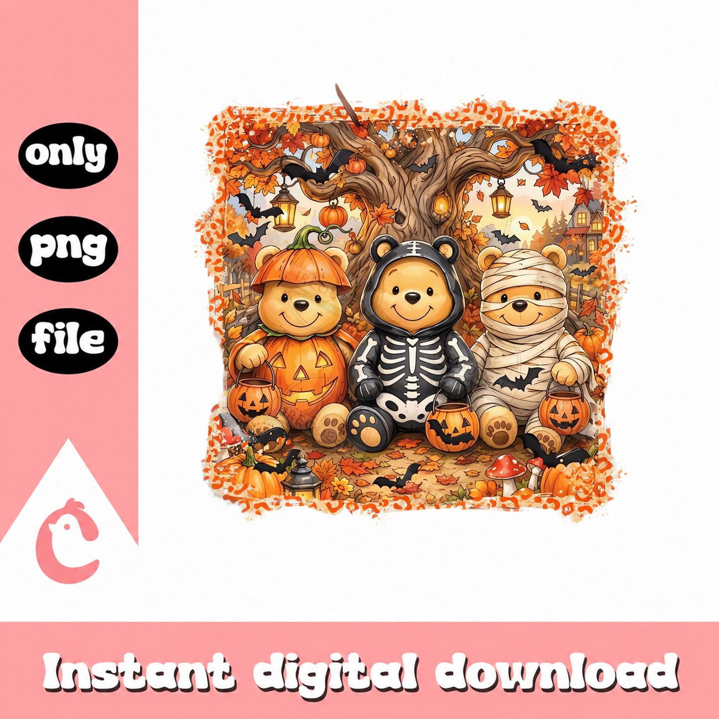 Halloween Bear Costume Bundle, Pumpkin Mummy Skeleton, PNG