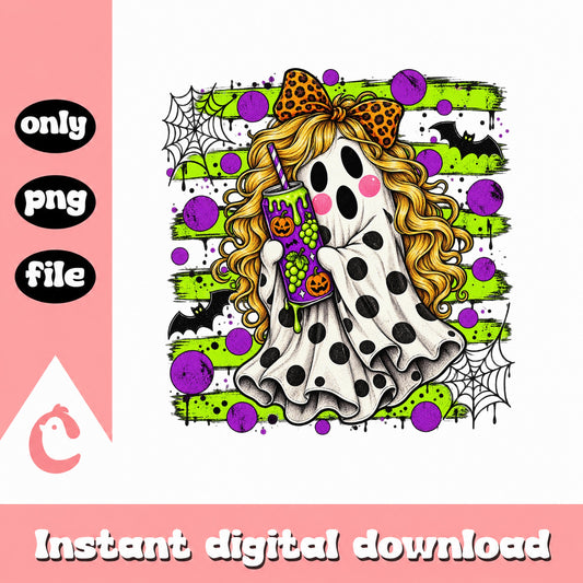 Halloween Blonde Ghost Tumbler PNG, Spooky Ghost With Bow, PNG File