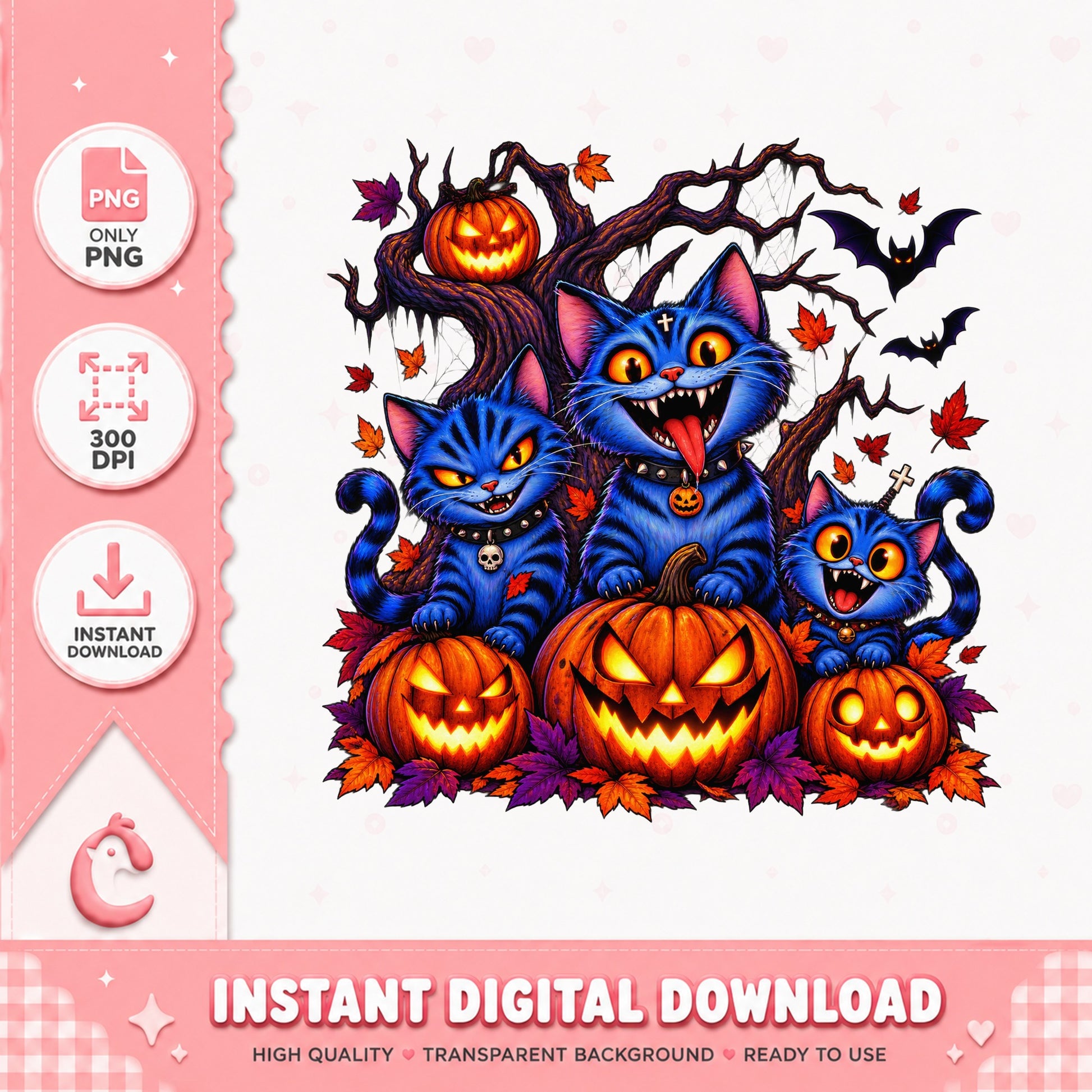 Halloween Blue Cat Pumpkin PNG, Spooky Cats Clipart, PNG