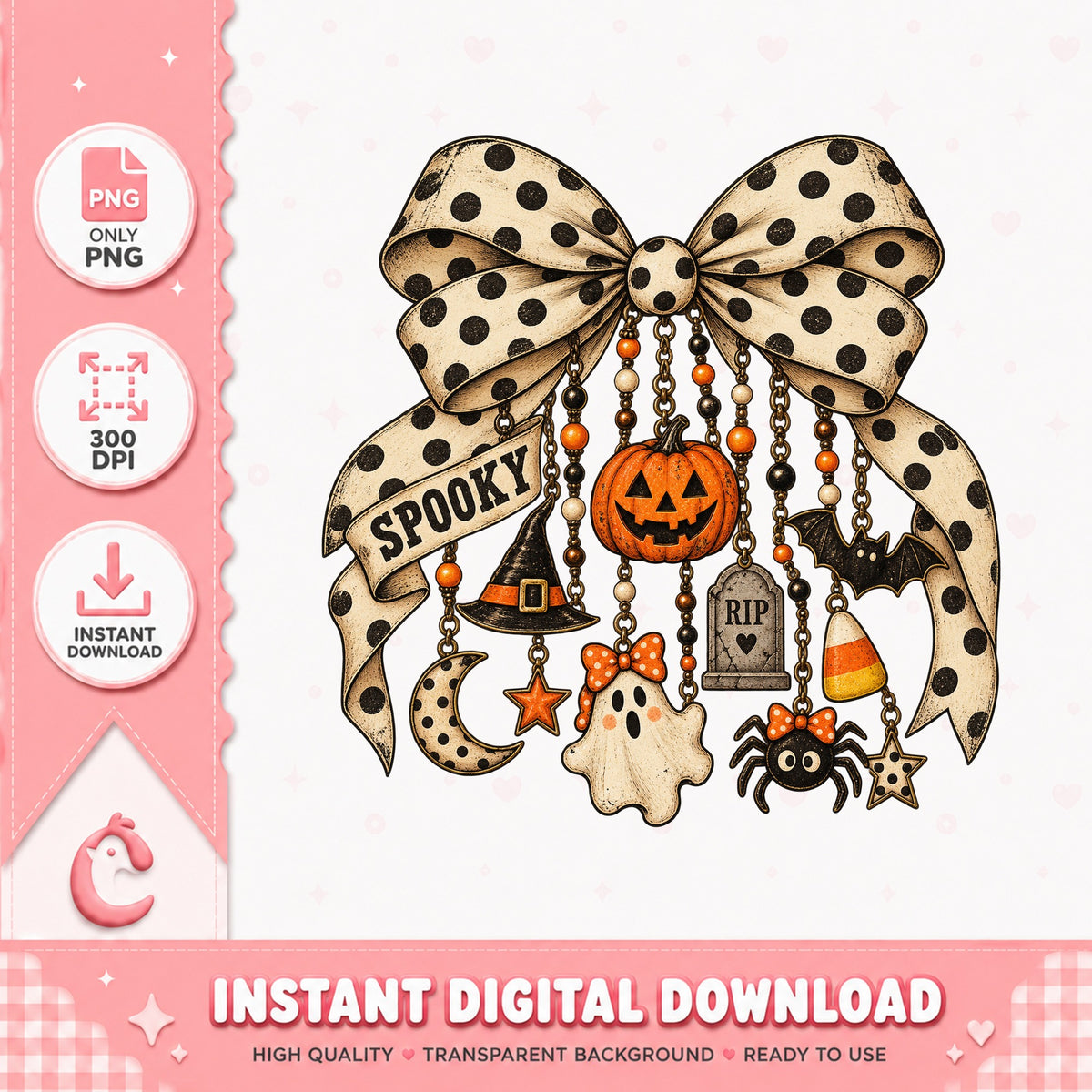 Halloween Bow With Charms PNG, Spooky Clipart, Sublimation PNG