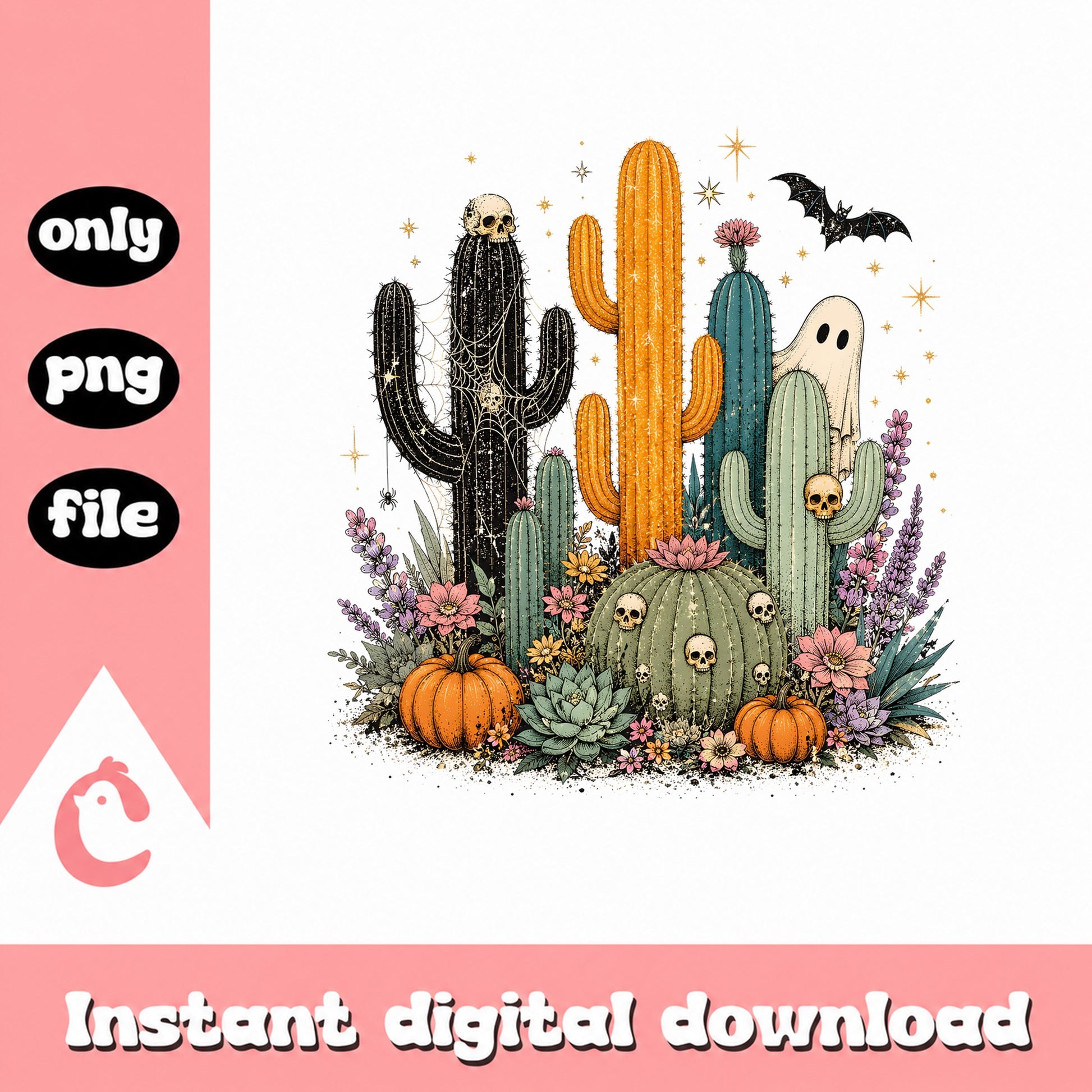 Halloween Cactus PNG, Spooky Western Floral PNG, Ghost Skull PNG