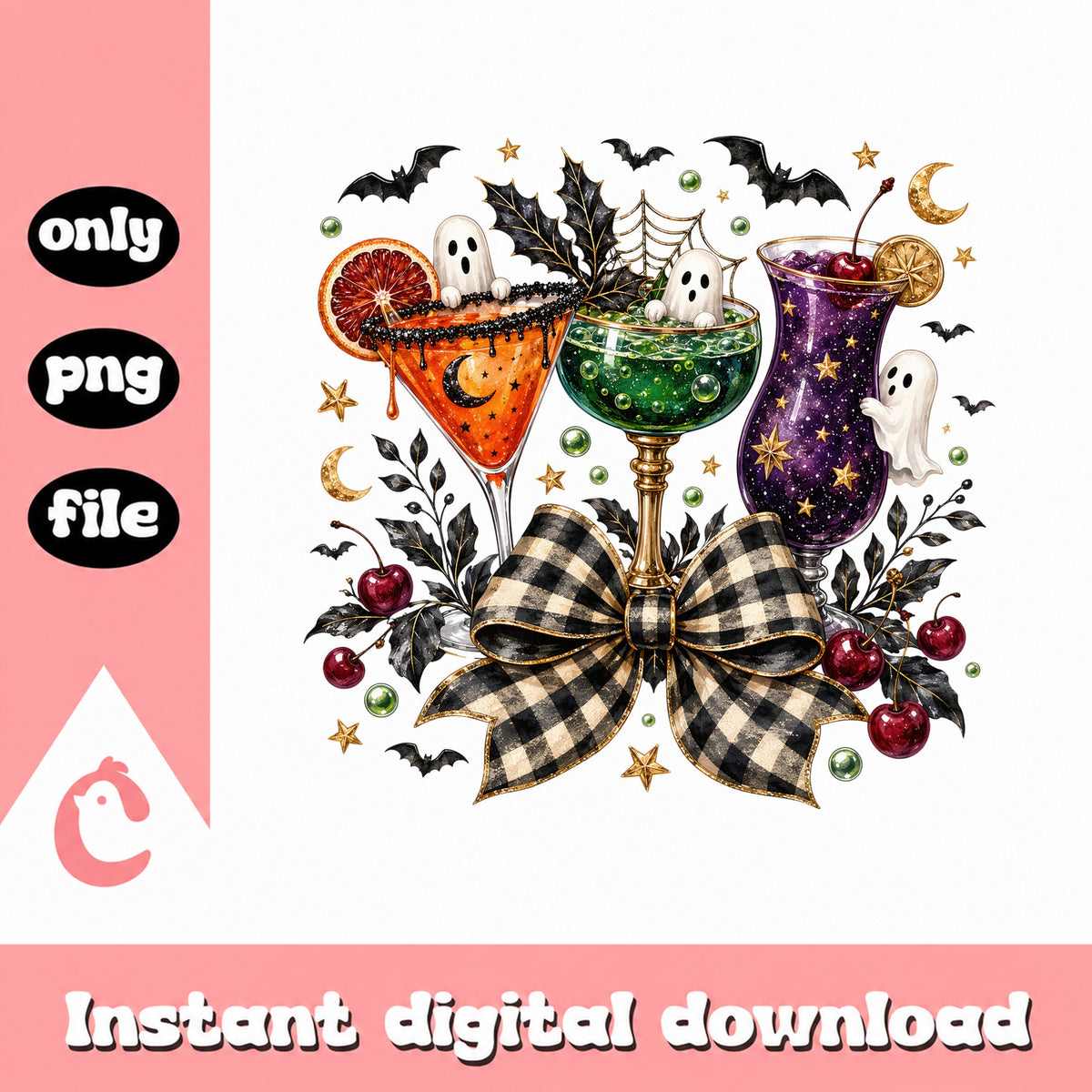 Halloween Cocktail Glasses Ghost PNG, Spooky Drinks Bow PNG, Halloween PNG