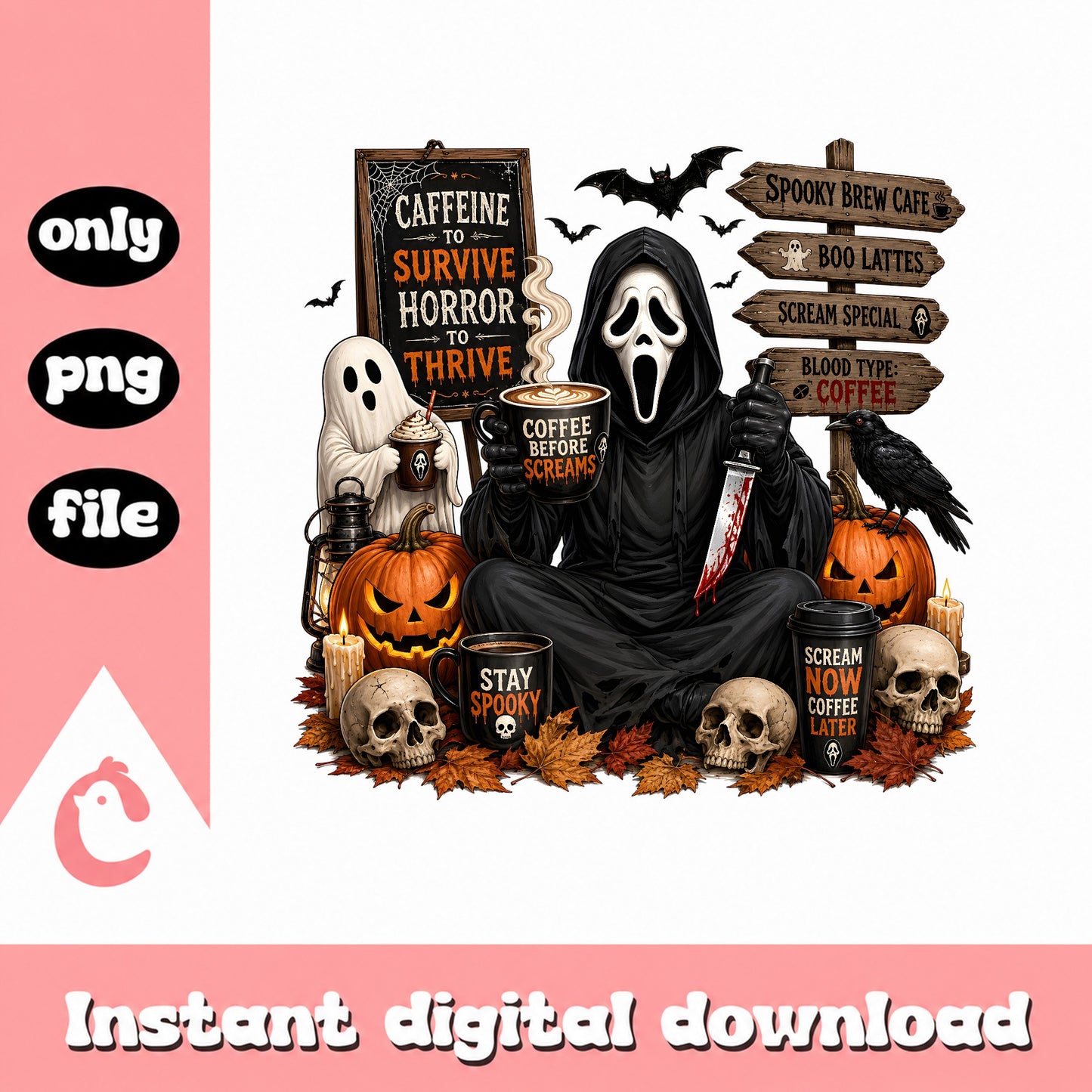 Halloween Coffee Lover PNG, Spooky Coffee Addict, Horror PNG