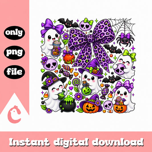 Halloween Cute Ghost Clipart Bundle, Purple Leopard Bow PNG, Spooky PNG