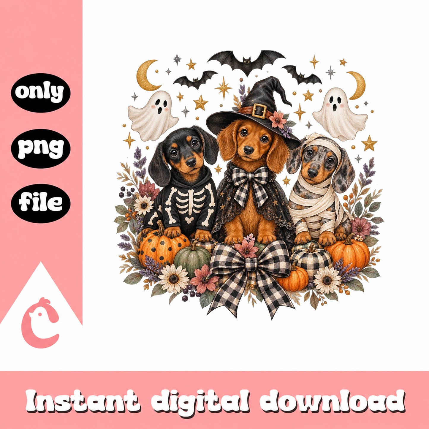 Halloween Dachshund Dogs PNG, Cute Pumpkin Ghost Bats, PNG File