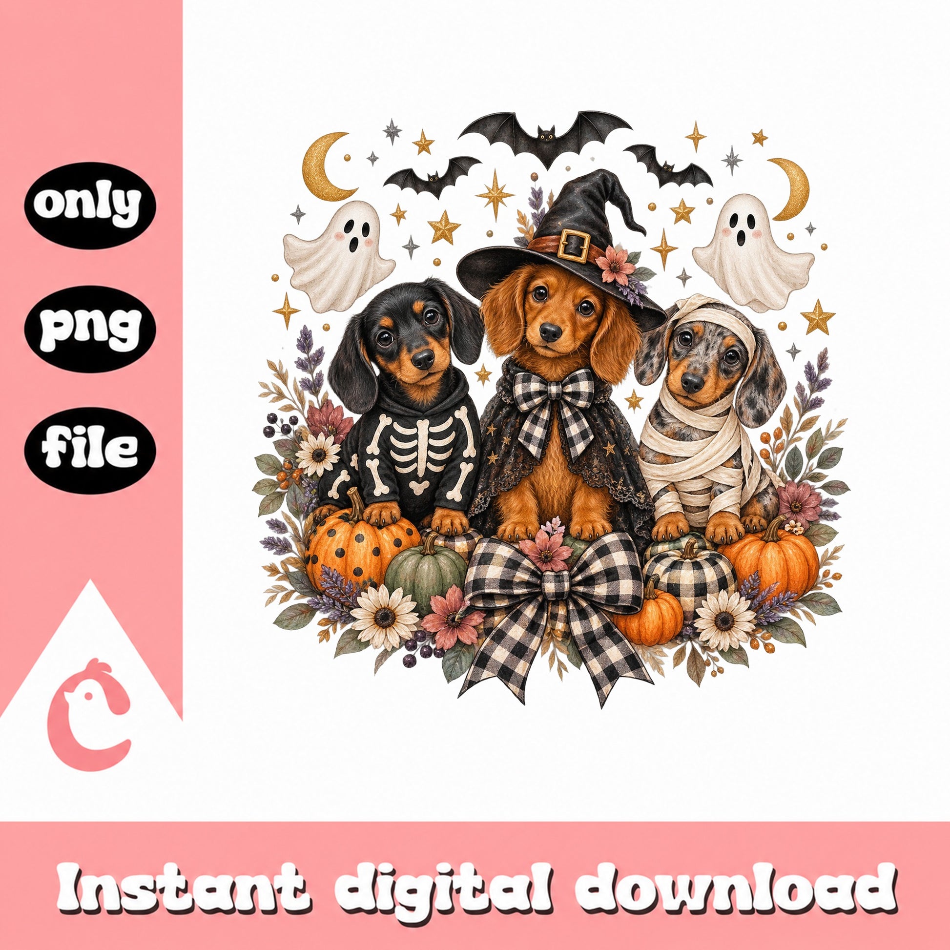 Halloween Dachshund Dogs PNG, Cute Pumpkin Ghost Bats, PNG File