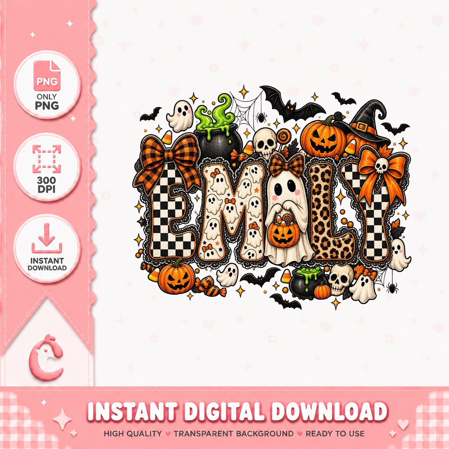 Halloween Emily Text Design PNG, Spooky Ghost Pumpkin, Leopard Bow PNG