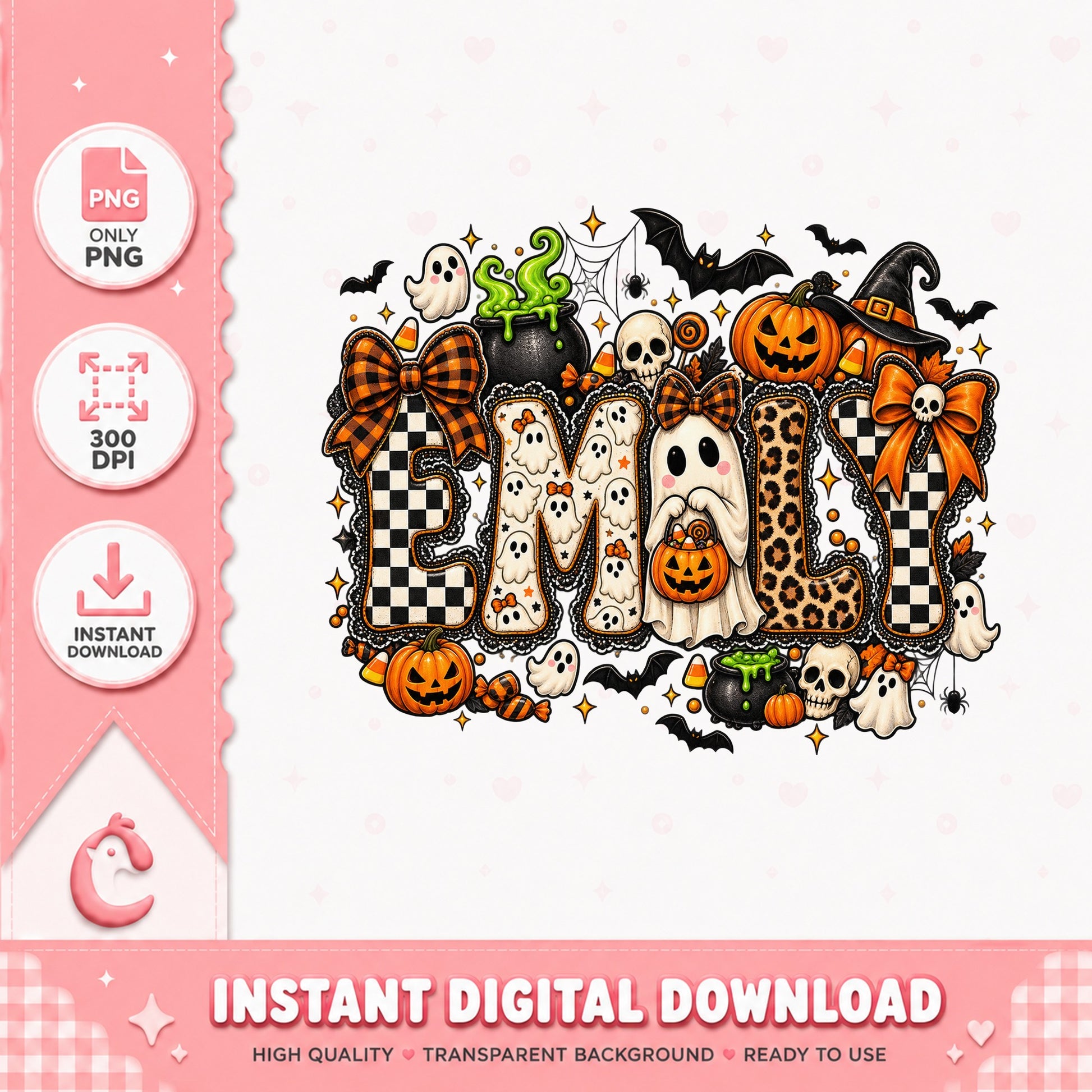 Halloween Emily Text Design PNG, Spooky Ghost Pumpkin, Leopard Bow PNG