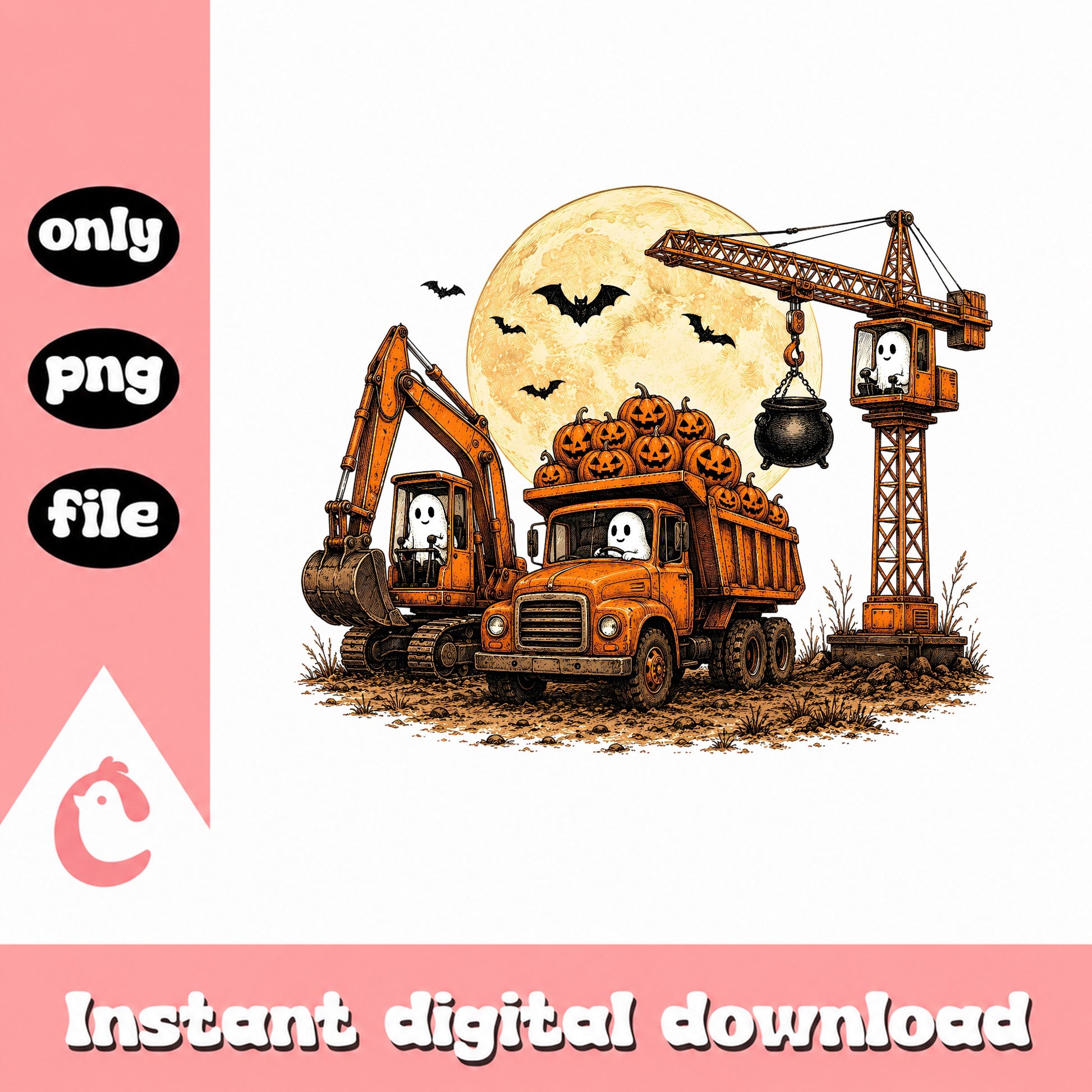 Halloween Ghost Construction Truck PNG, Excavator PNG, Spooky PNG