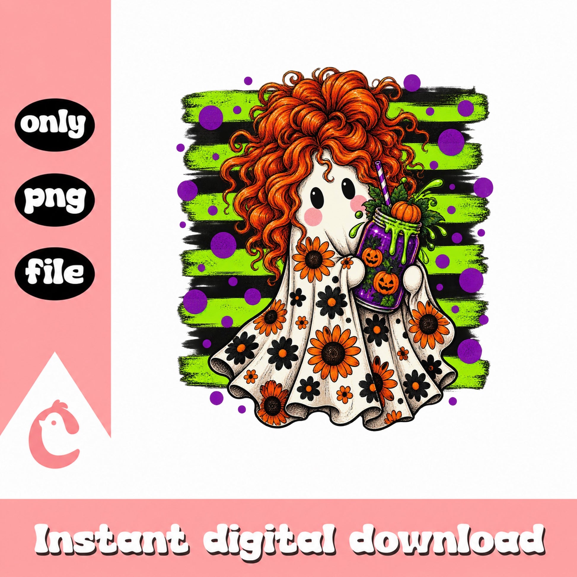 Halloween Ghost Girl Clipart, Sunflower Pumpkin Design, PNG