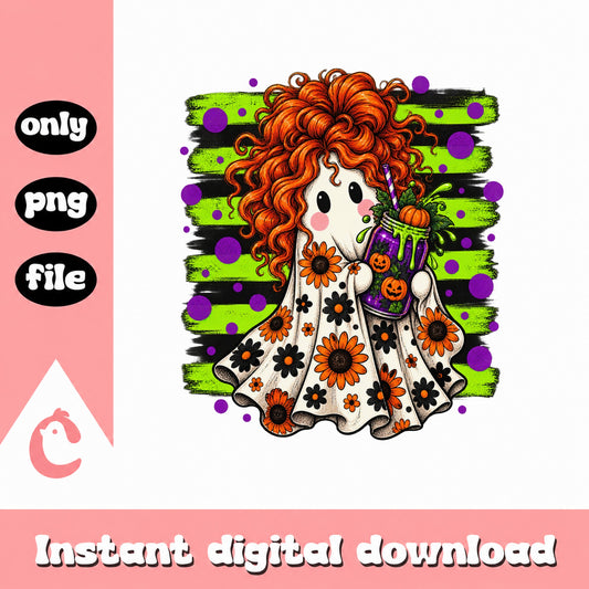 Halloween Ghost Girl Clipart, Sunflower Pumpkin Design, PNG