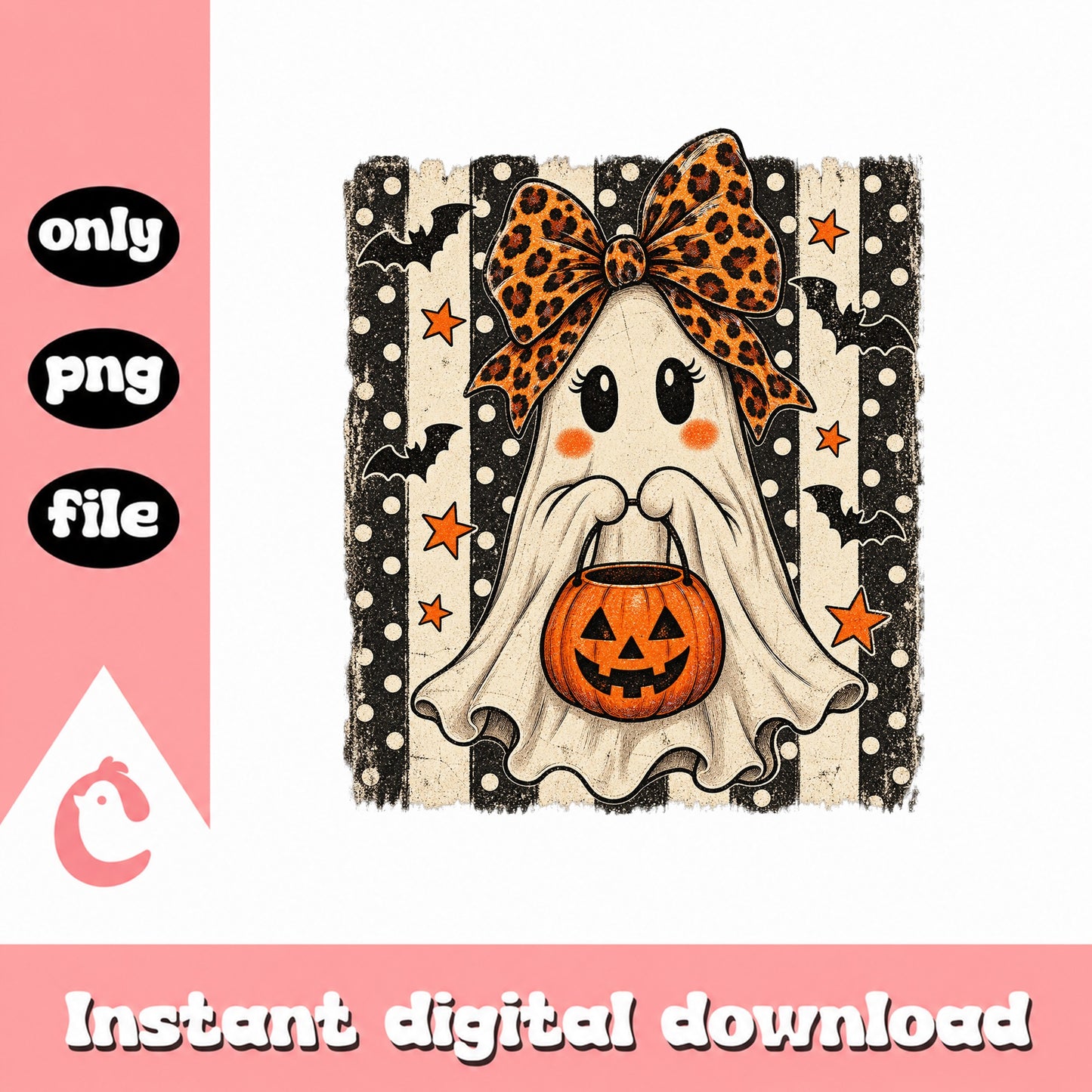 Halloween Ghost Leopard Bow PNG, Pumpkin Clipart, Sublimation PNG