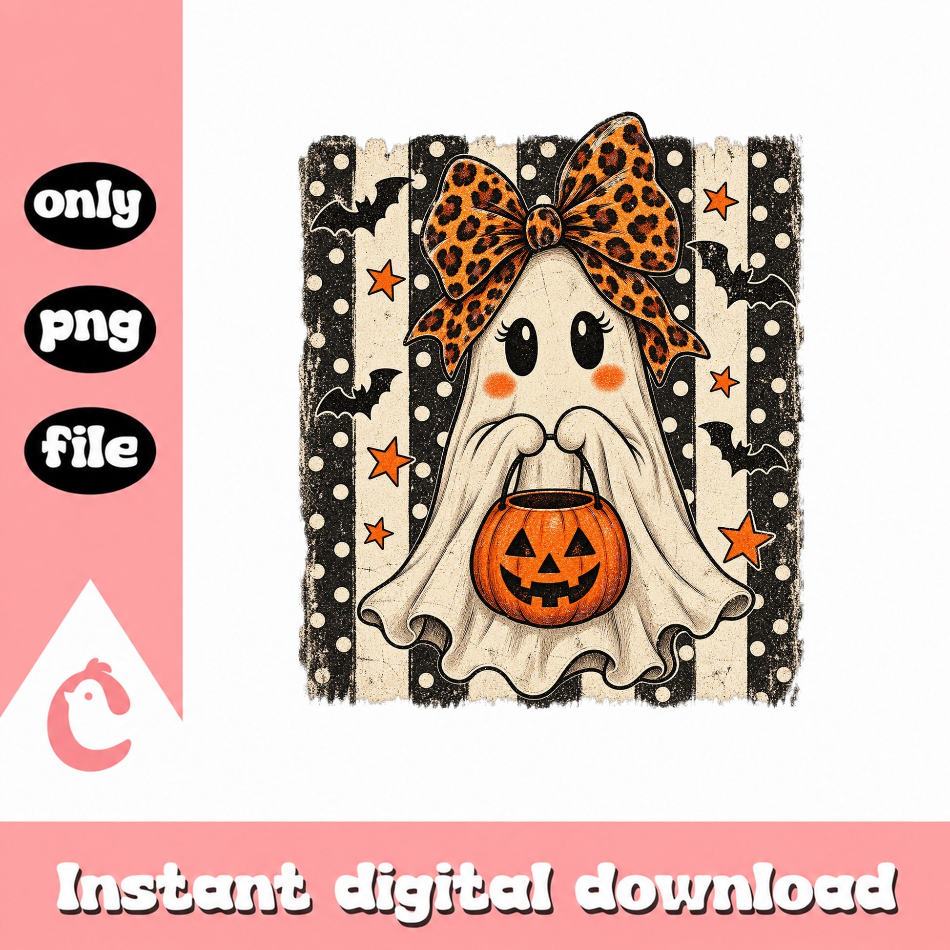 Halloween Ghost Leopard Bow PNG, Pumpkin Clipart, Sublimation PNG