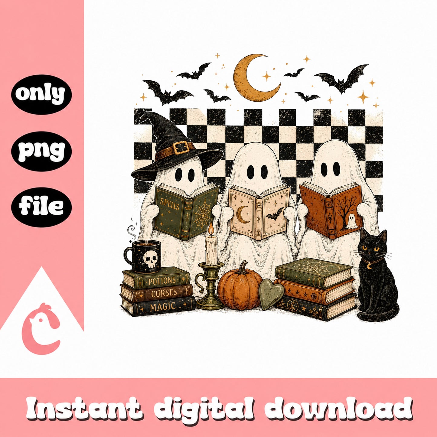 Halloween Ghost Reading Books PNG, Spooky Ghost Book Lover PNG, Witch PNG