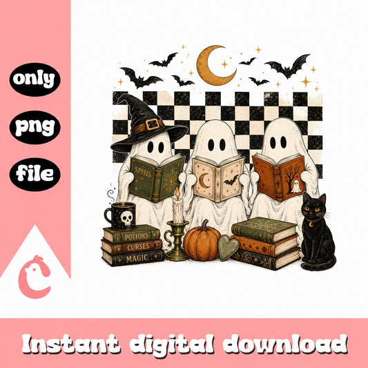 Halloween Ghost Reading Books PNG, Spooky Ghost Book Lover PNG, Witch PNG