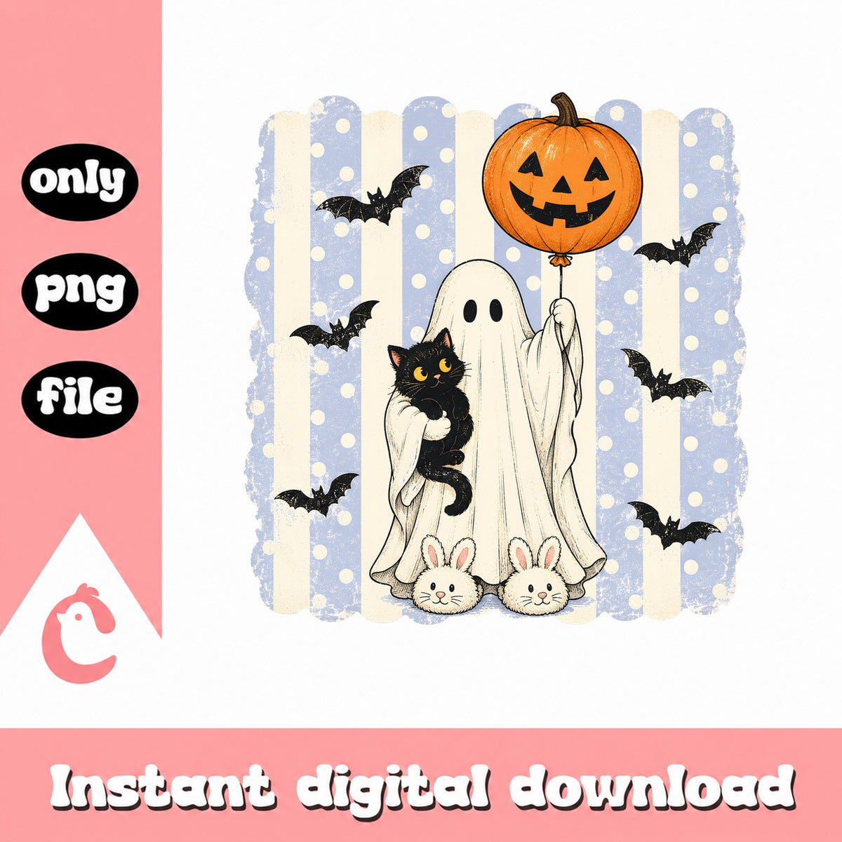 Halloween Ghost With Black Cat PNG, Cute Ghost Pumpkin PNG, Spooky Season PNG