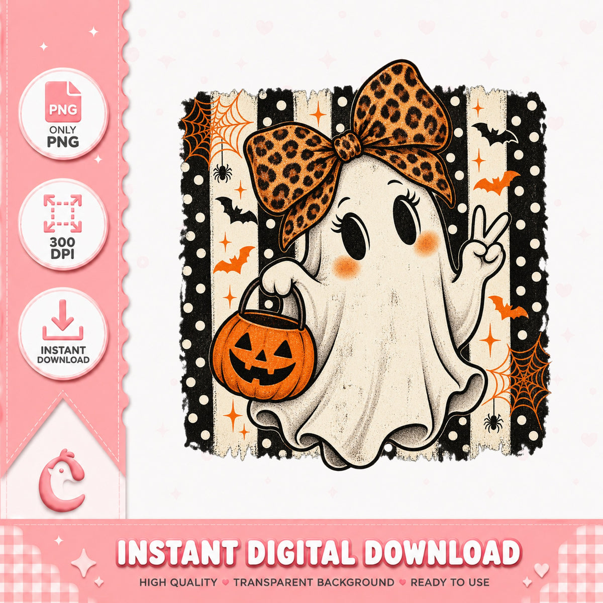 Halloween Ghost With Leopard Bow, Cute Pumpkin Clipart, PNG