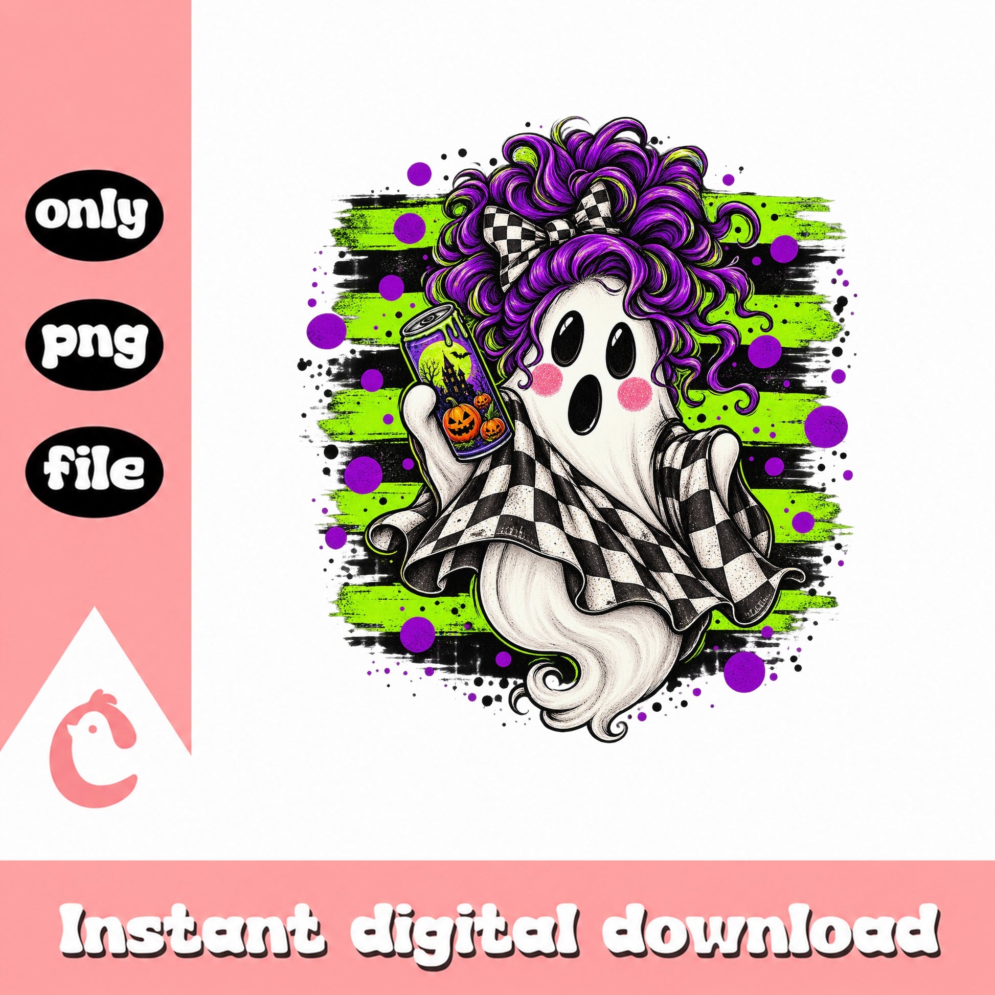 Halloween Ghost With Purple Hair PNG, Messy Bun Ghost, PNG File