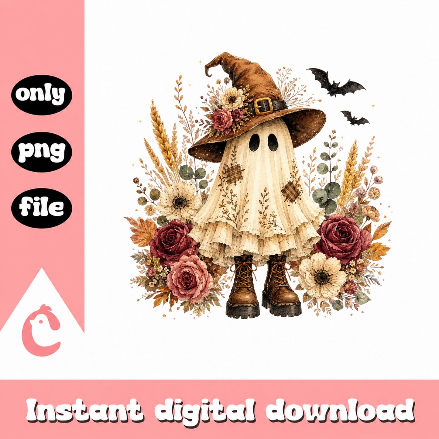 Halloween Ghost With Witch Hat PNG, Fall Floral Clipart, PNG File