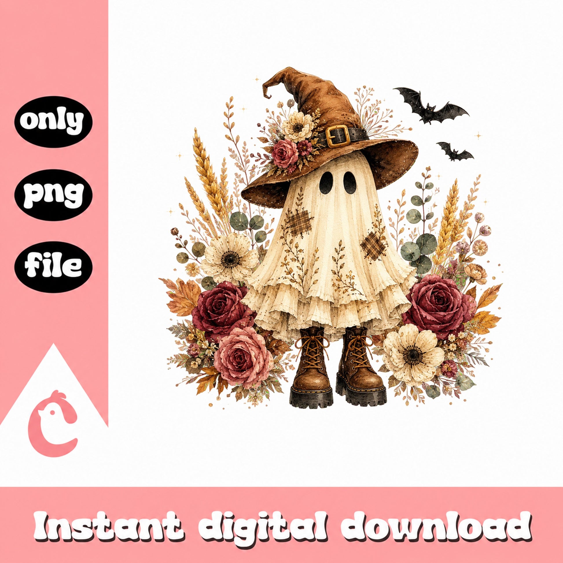 Halloween Ghost With Witch Hat PNG, Fall Floral Clipart, PNG File